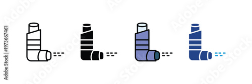 Medical asthma inhaler with mist spray icon set. Respiratory breath relief device, pharmaceutical lung healthcare, and allergy treatment symbol.