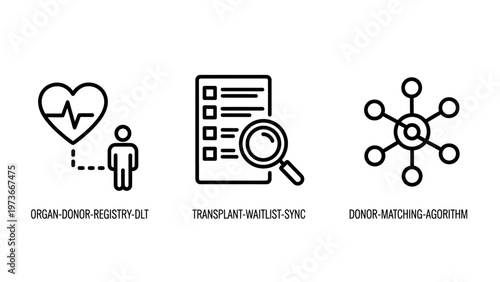 Set of medical and analytical business icons including heart checkup, data list inspection, and connected network node