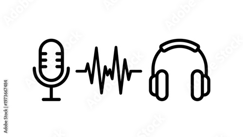 Audio communication icons featuring microphone, sound wave pulse, and headphones for podcasting or media recording