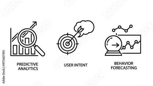 Predictive analytics and business strategy icons illustrating trend data, user intent target, and behavior forecasting globe