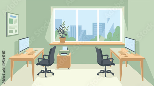 Modern office interior with two workstations, computers, and a city view