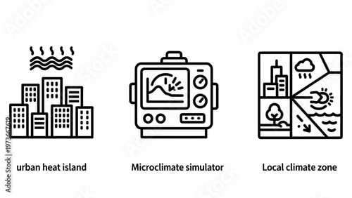 Urban climate and weather research icon set