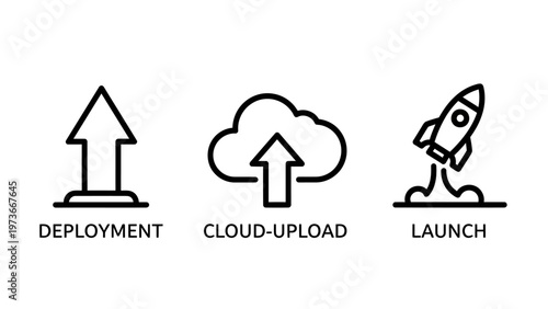 Software deployment cloud upload and rocket launch icons