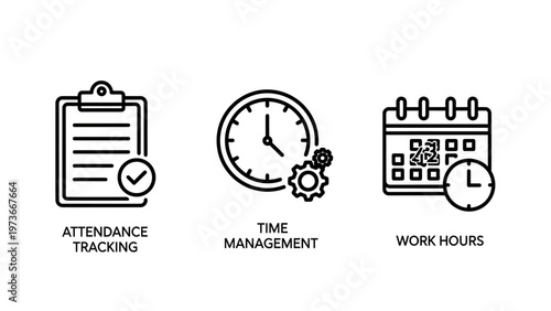 Workplace management and time attendance tracking icons