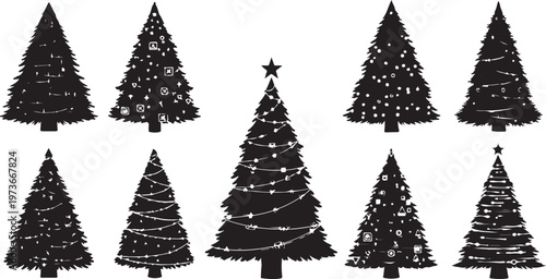 Black Christmas Trees with White Decorations and Stars on Top
