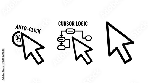 Collection of computer mouse cursor icons representing auto click and logic flow