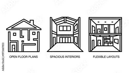 Set of architectural icons representing building design concepts including open floor plans spacious interiors and flexible layouts