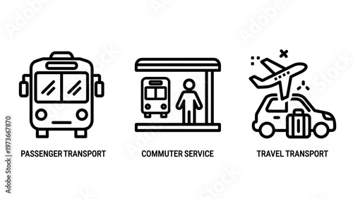 Set of transport and transit icons representing passenger transport commuter service and travel transportation with bus and airplane symbols