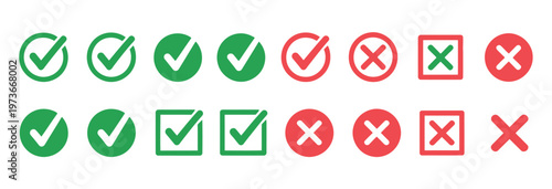 Green checkmarks and red crosses icons for confirmation, rejection, and decision making.