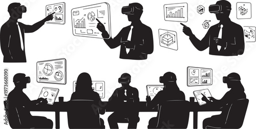 Business team meeting with virtual reality presentation graphics