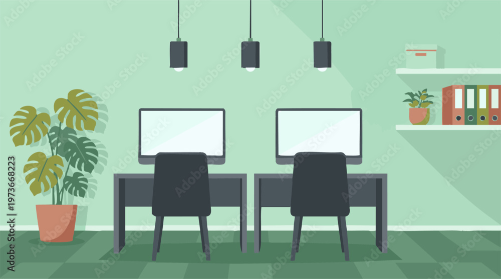 Fototapeta premium Modern office workspace with two computer desks and green interior design