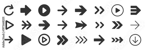 Collection of dark grey arrow icons and play buttons for digital interfaces and navigation