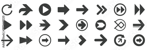 Assortment of dark grey arrow icons, play buttons, and refresh symbols for web and app interfaces