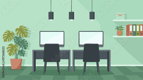 Modern office workspace with two computer desks and green interior design