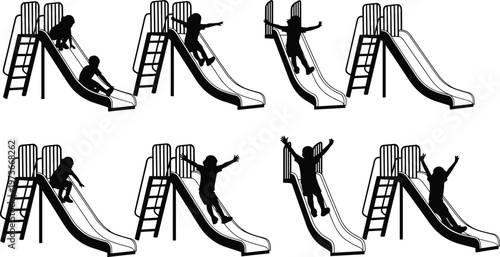 Children playground slide sequence, kids playing silhouettes vector illustration, outdoor activity set, child sliding actions, park equipment, playful motion collection, black and white icons