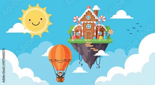 Cartoon hot air balloon flying high.