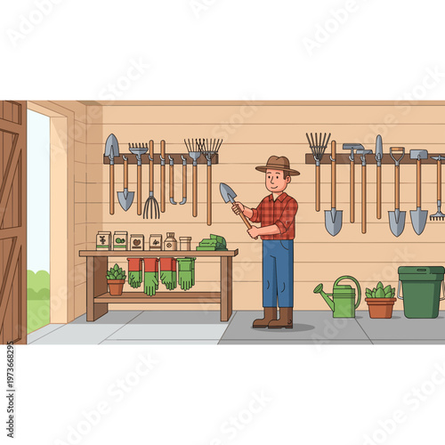 Man in a rustic shed preparing gardening tools on a workbench surrounded by plants and equipment.
