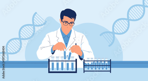 Scientist conducting experiment with DNA helix and test tubes in laboratory