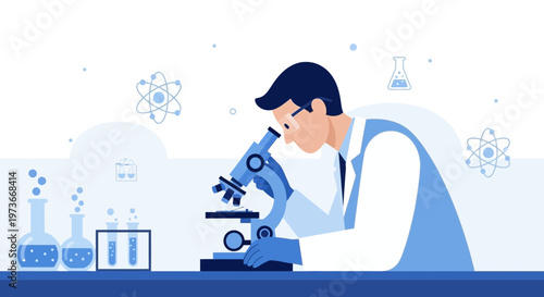 Scientist examining sample under microscope in laboratory, science research concept