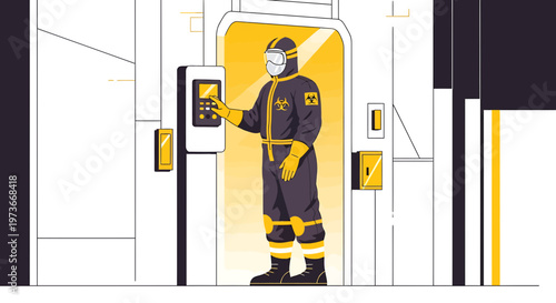 Scientist in Hazmat Suit Entering Biohazard Decontamination Chamber