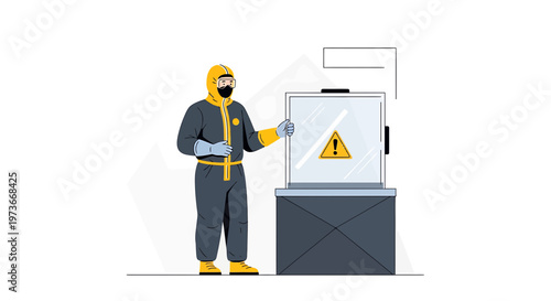 Scientist in Hazmat Suit Inspects Warning Sign in Biohazard Containment Unit