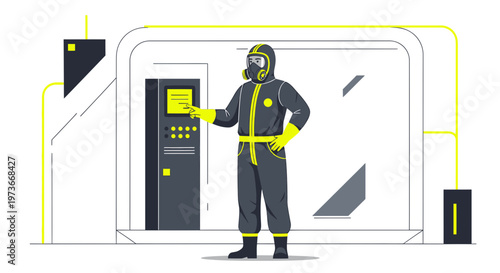 Scientist in Hazmat Suit Operating Control Panel in Futuristic Laboratory