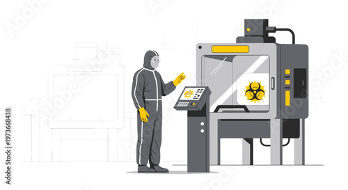Scientist in Hazmat Suit Operating Advanced Laboratory Equipment with Nuclear Symbol