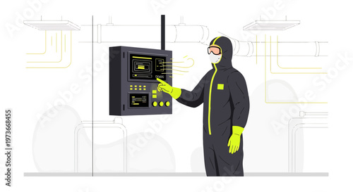 Scientist in Hazmat Suit Operating Control Panel in Industrial Setting