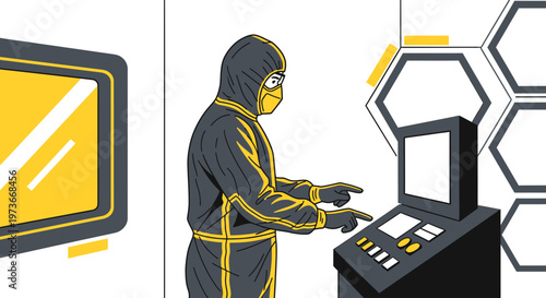 Scientist in Hazmat Suit Operating Control Panel with Futuristic Hexagonal Background