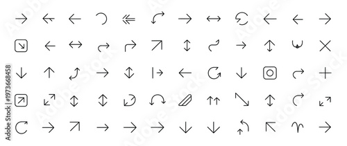 Collection of diverse line art arrow icons for navigation, direction, and interface design elements.