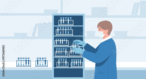 Scientist in Lab Coat and Mask Arranging Test Tubes in a Rack