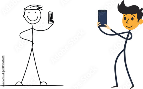 Two stick figures taking selfies with different mobile devices