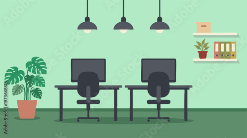 Modern minimalist office interior with two workstations and green plants