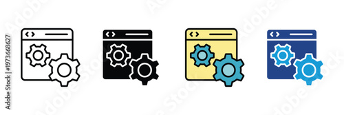 Browser window with processing gears icon vector. IT system configuration, website maintenance, and digital backend optimization symbol. Vector Illustration.