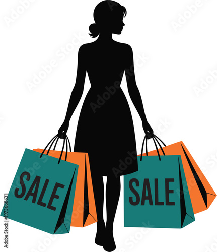 Woman carrying shopping bags with sale labels Silhouette 