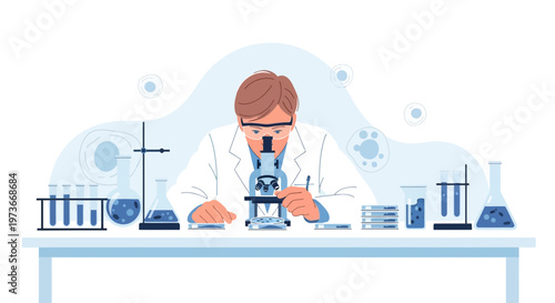 Scientist working with microscope in laboratory, conducting research, science experiment