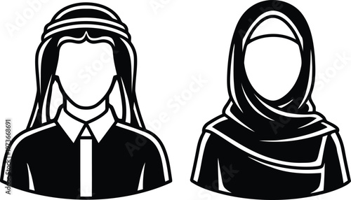 Black and white silhouettes of man wearing keffiyeh and woman in hijab