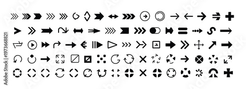 Assortment of black arrow symbols and navigation icons for digital interfaces, vector art.
