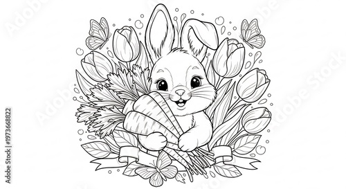 Cute Bunny Floral Nest Coloring Page