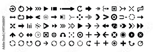 Comprehensive set of black arrow icons and abstract directional symbols, vector graphics.
