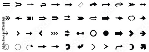 Assorted black arrow icons and directional pointers for user interface elements, vector art.