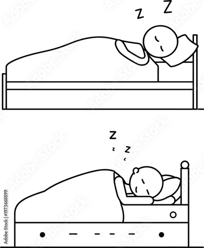 Two illustrations of a person falling asleep in bed with different postures.