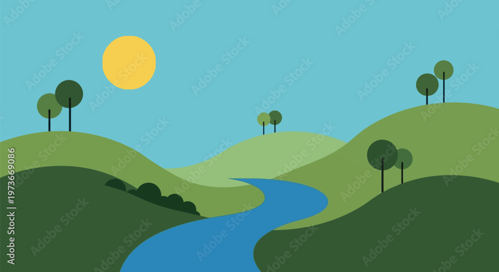 Fototapeta premium River flowing through green hills landscape.