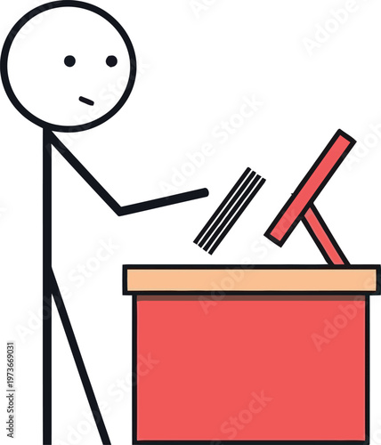 Person throwing a pencil into a red container labeled with an x