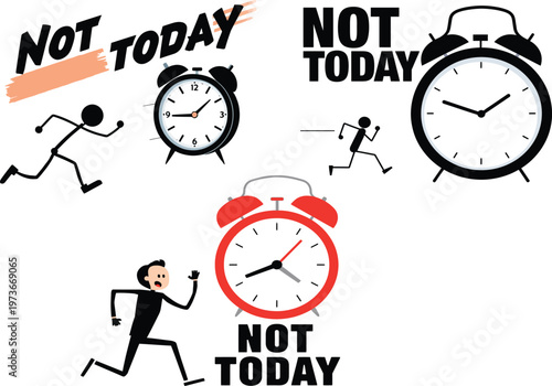 Procrastination depicted through running figures and alarm clocks with 'not today' labels