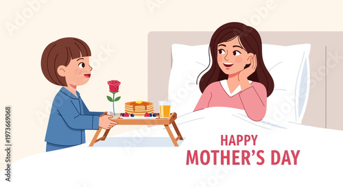 Boy giving breakfast to mother.