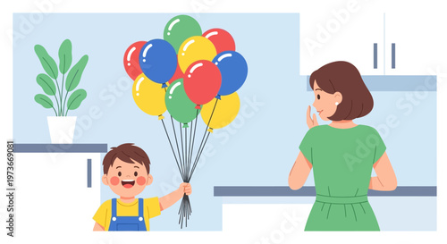 Boy holding colorful balloons in hand.