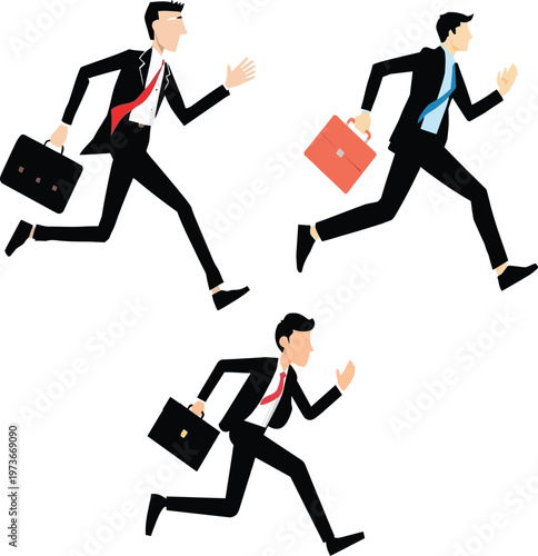 Three business professionals racing with their briefcases in a competitive environment
