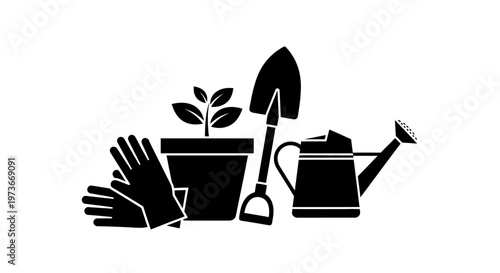 Gardening Tools Set with Plant Pot Shovel Watering Can and Gloves - Agriculture and Hobby Concept flat vector