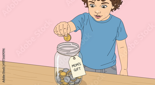 Boy Saving Money in Jar.